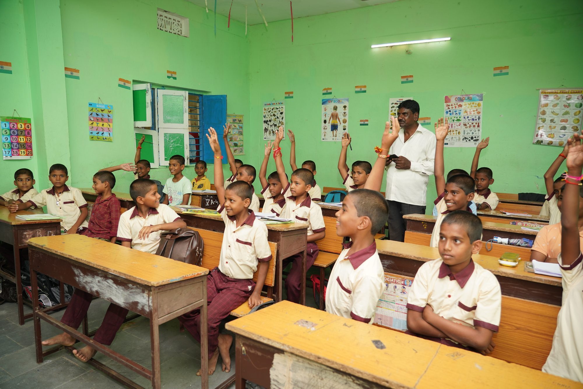 Students raising hands in a classroom at Telangana Social Welfare Residential School — August 2024